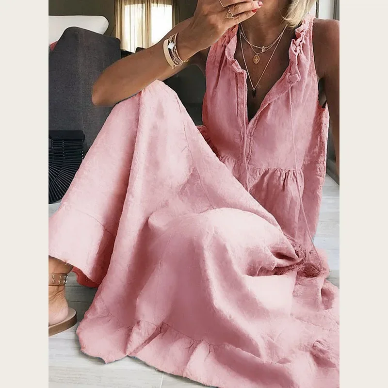 

Летнее праздничное платье с рюшами и v-образным вырезом, модное однотонное женское праздничное платье с кисточками, повседневные свободные плиссированные платья без рукавов