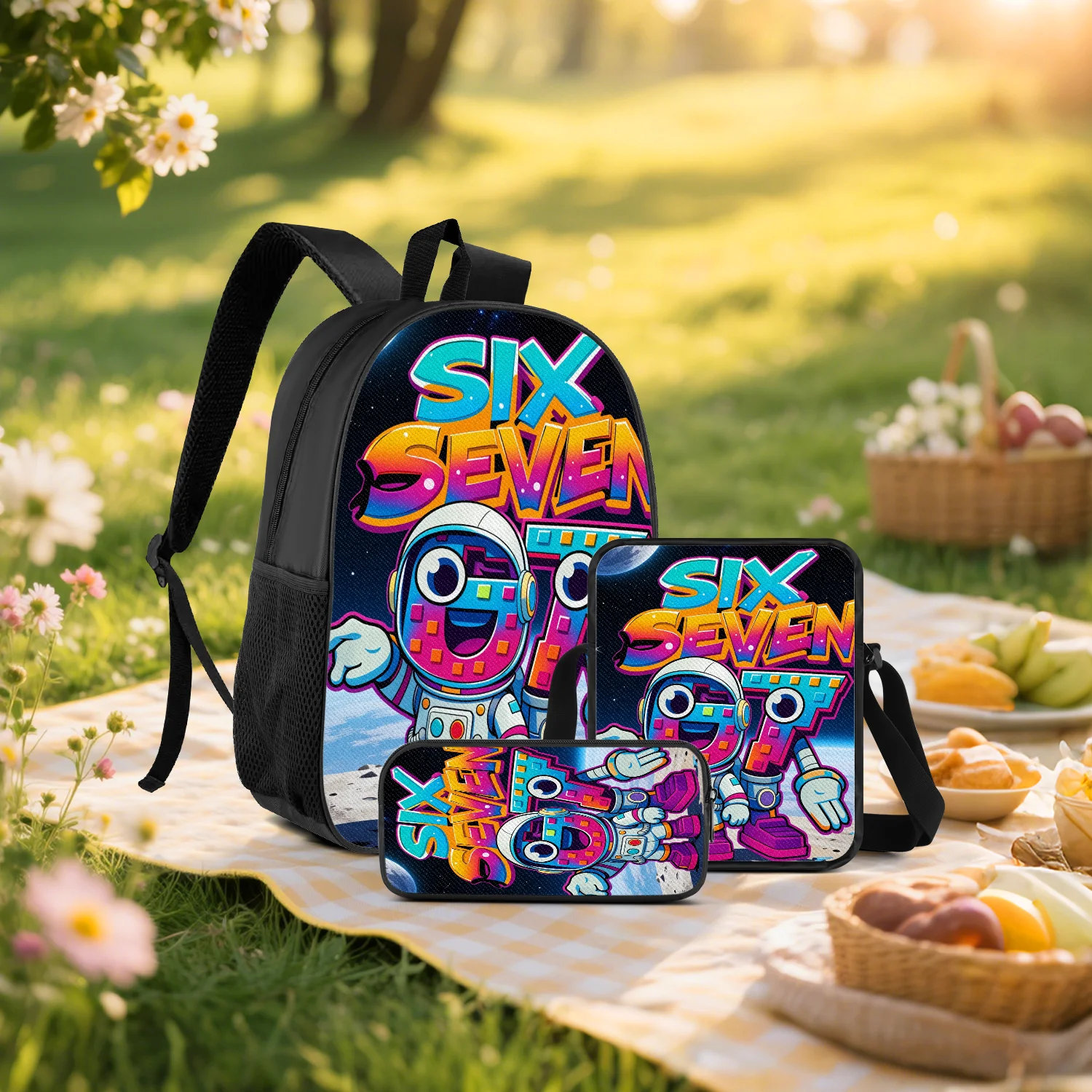 Colorful Space Astronaut Graffiti 3-Piece Backpack Set with Crossbody Bag Pencil Case for School Travel Daily Use