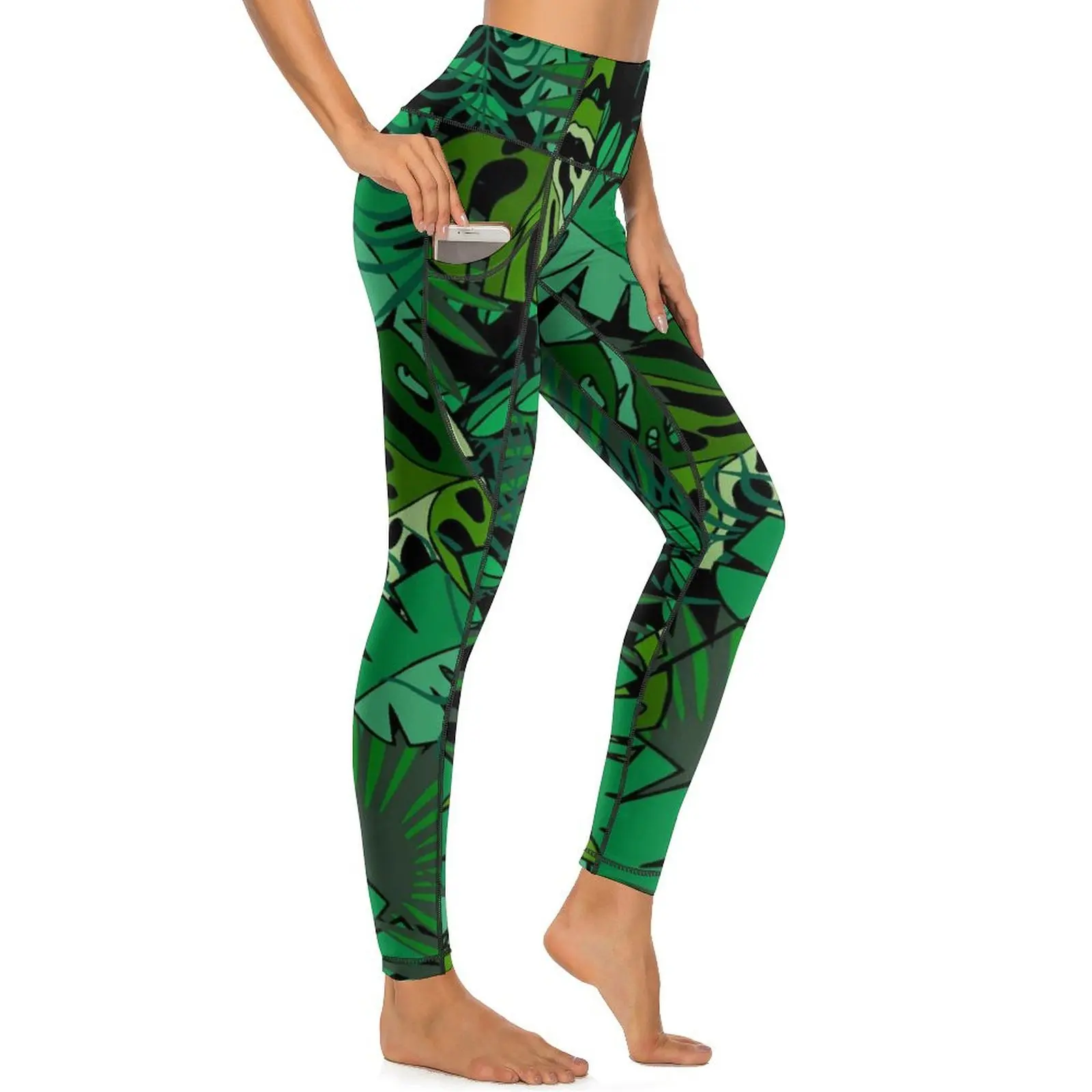 Tropical Leaf Leggings Sexy Palm Print Workout Yoga Pants Push Up Stretch Sports Tights Pockets Kawaii Graphic Leggins