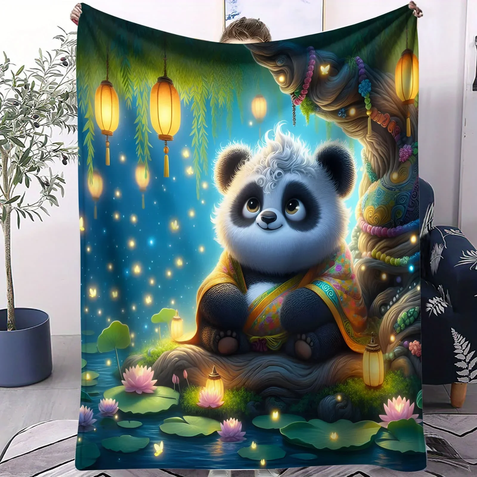 Santa Outfit Panda Soft Blanket - Holiday Wreath & Ornament Themed Fleece Throw for Beds Sofa Home Decor Kids Cozy Warm Gift