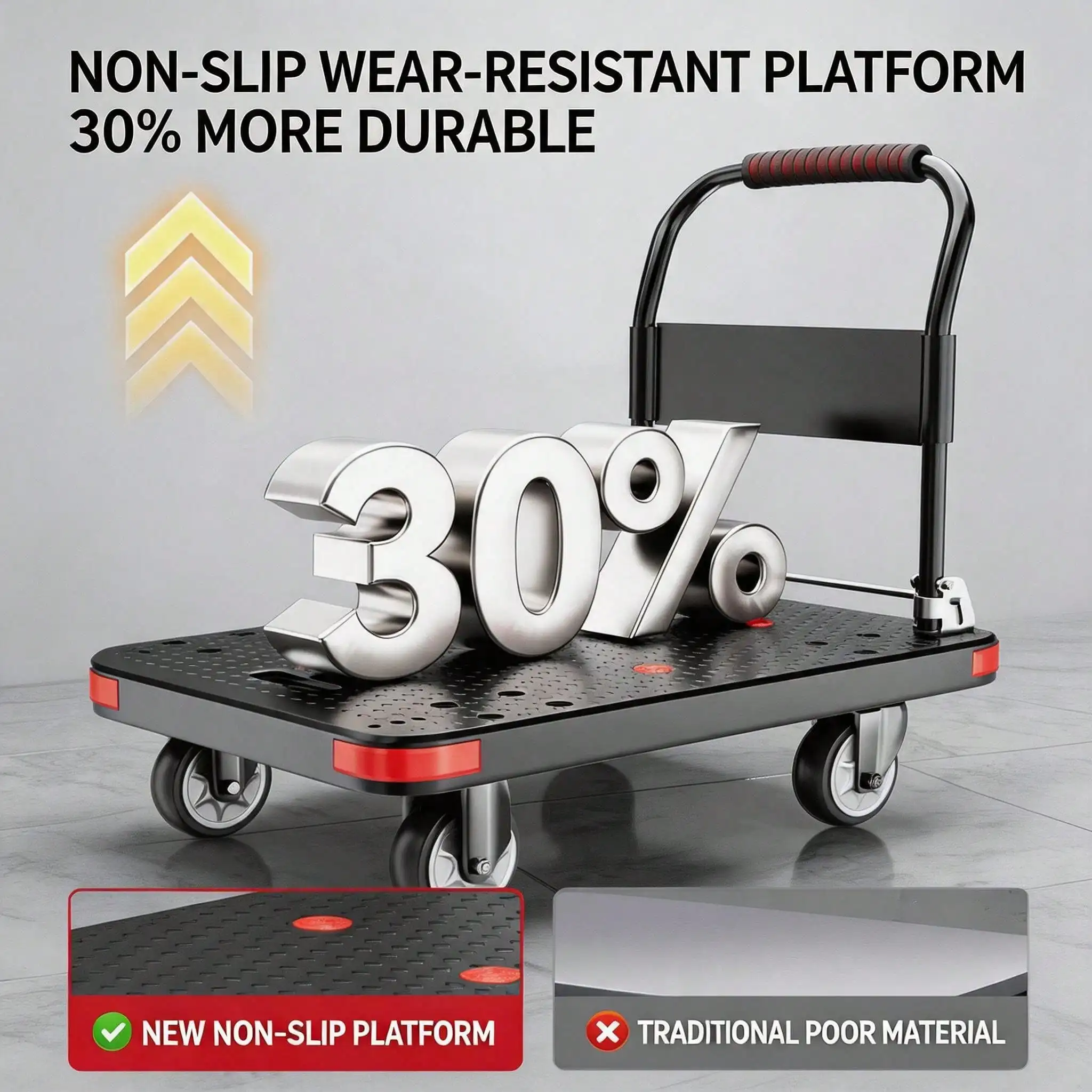 1200 Lb Heavy‑Duty Folding Trolley, Silent 360° Rotating TPR Wheels, 4 Reinforced Steel Beams with Anti‑Slip Platform