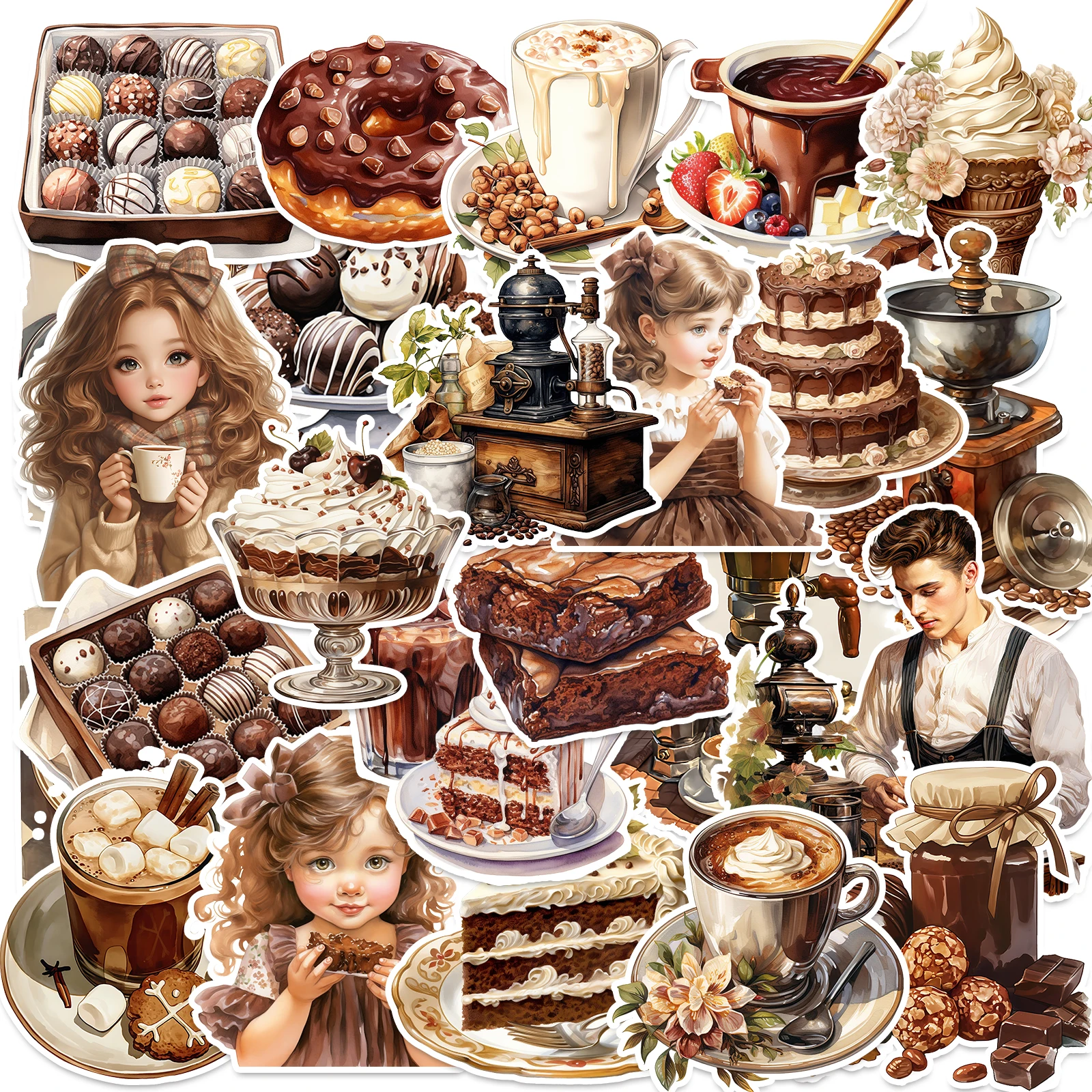 50 Stück Cartoon-Aufkleber mit Lebensmittelmotiv, Schokoladen-Kaffee-Aufkleber für DIY-Party-Dekoration, Laptop, Wasserflasche, Scrapbook, Handys, Lebensmitteltaschen
