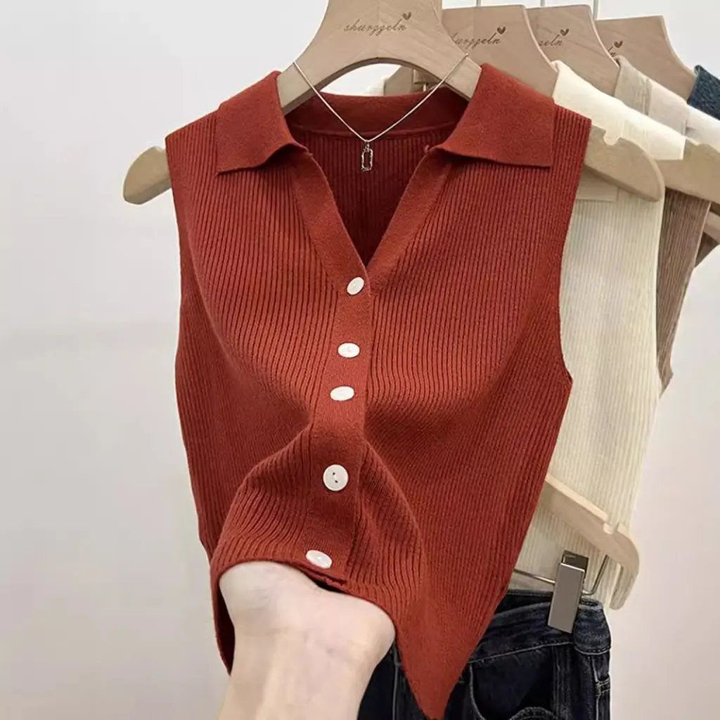 

Women's Slim-Fit Sleeveless Polo Vest Ice Silk Knitted Summer Chic Thin Outer Wear Small Top