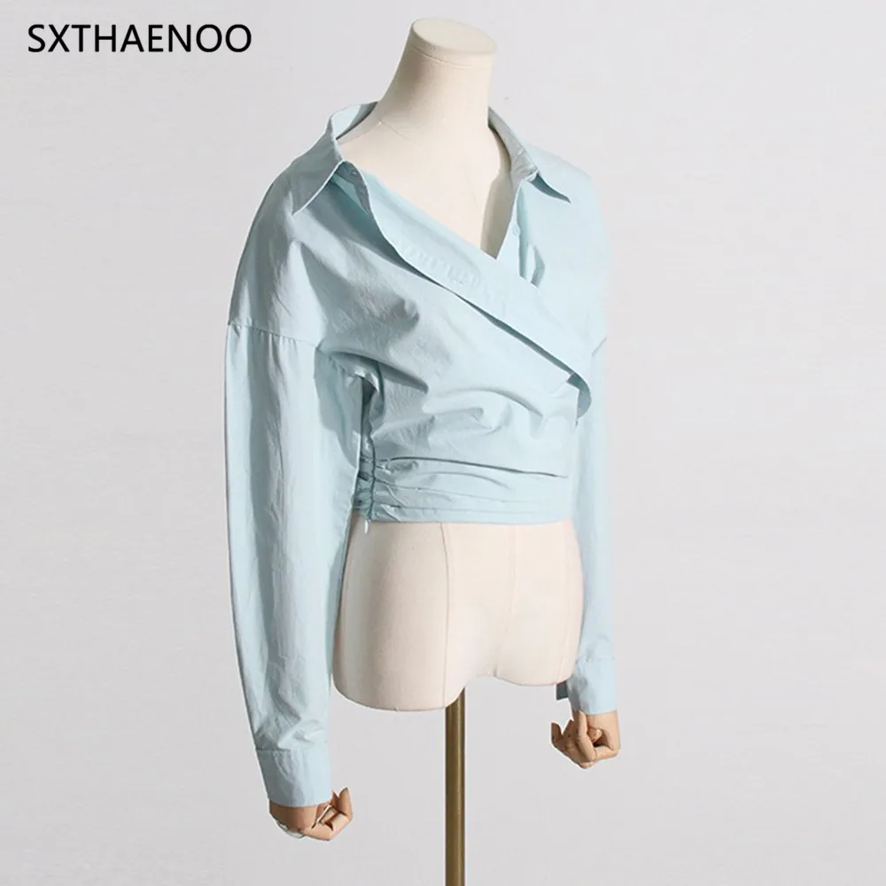 SXTHAENOO Solid Irregular Designer Blouses For Women Lapel Long Sleeve Patchwork Button Casual Blouse Female Fashion Clothing