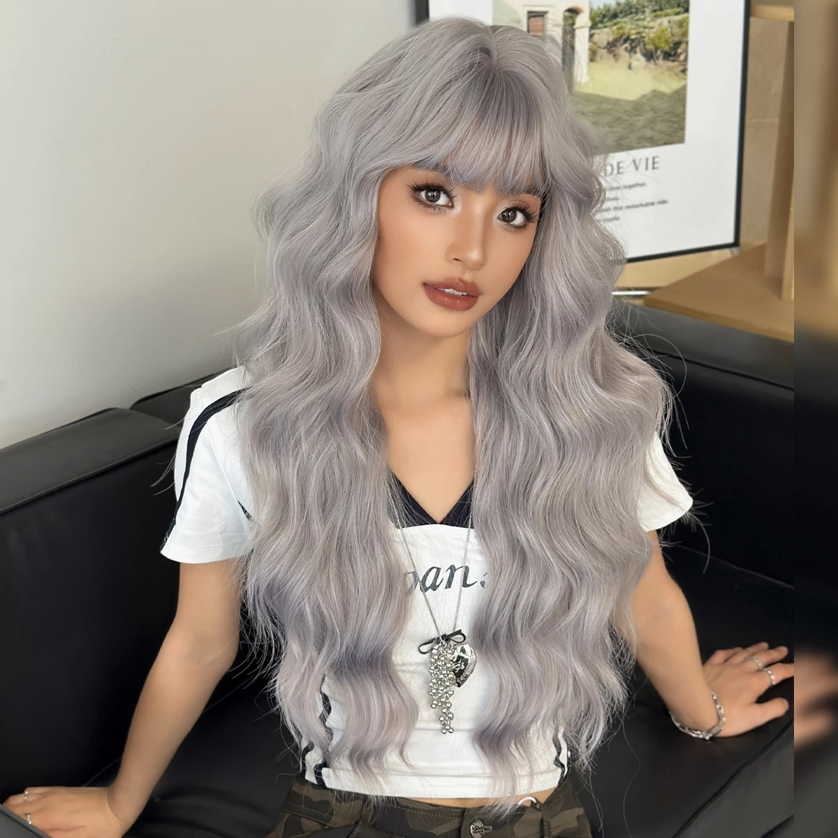 NAMM Long Wavy Purple Ash Wig with Bangs for Women Heat Resistant Fiber Hairpiece with Natural Synthetic Full Machine Hair Wigs