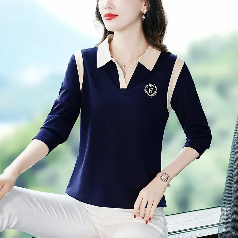 Long-sleeved Color-blocked POLO Shirt for Sports and Leisure Luxury Clothes Women Women's Sleeve T-shirt Clothing Shirts You Top