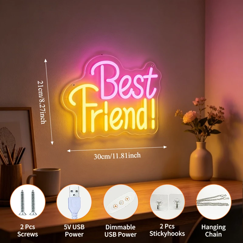 Best Friend Neon Light Sign Dimmable LED USB Neon Sign for Girls Bedroom Wall Light Cute Room Dorm Home Decor Party Gift Idea