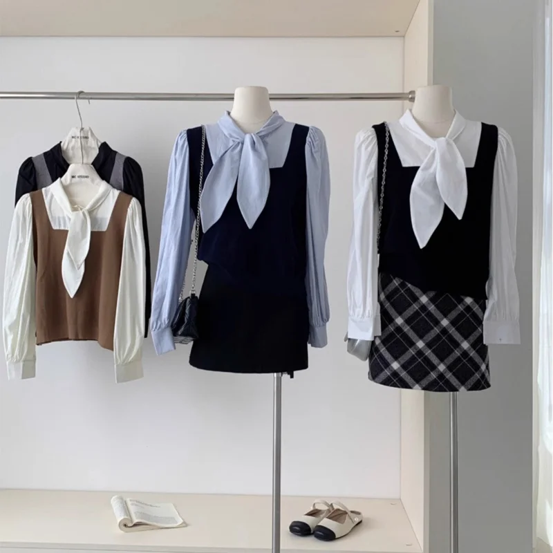 Design Sensation Kaninchen Ohr Fliege Gestrickte Patchwork Lange Sve frauen irt Herbst Vielseitig Bogen Top Koreanische Sle Lose fit