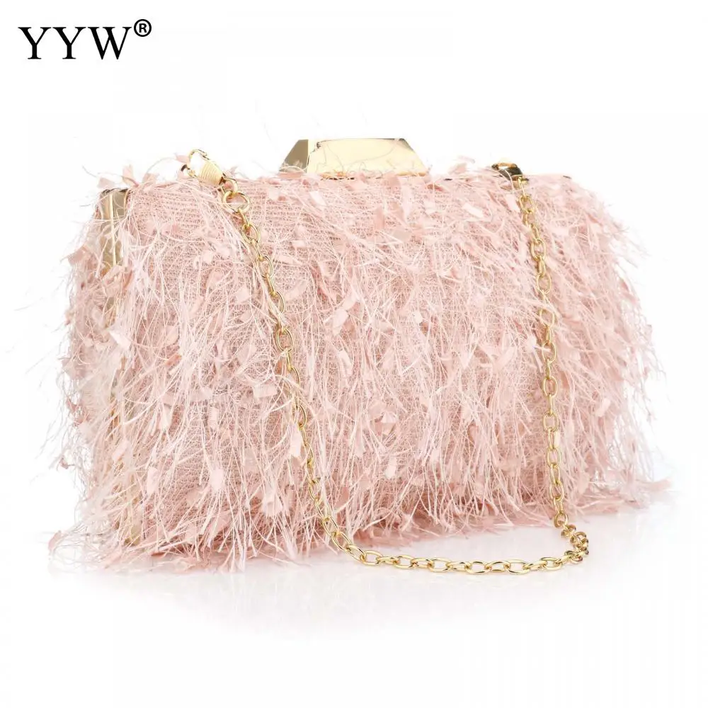 Fashion Fluffy Women Tassel Feather Handbag Evening Clutch Bag Party Wedding Chain Crossbody Messenger Purse Female Shoulder Bag