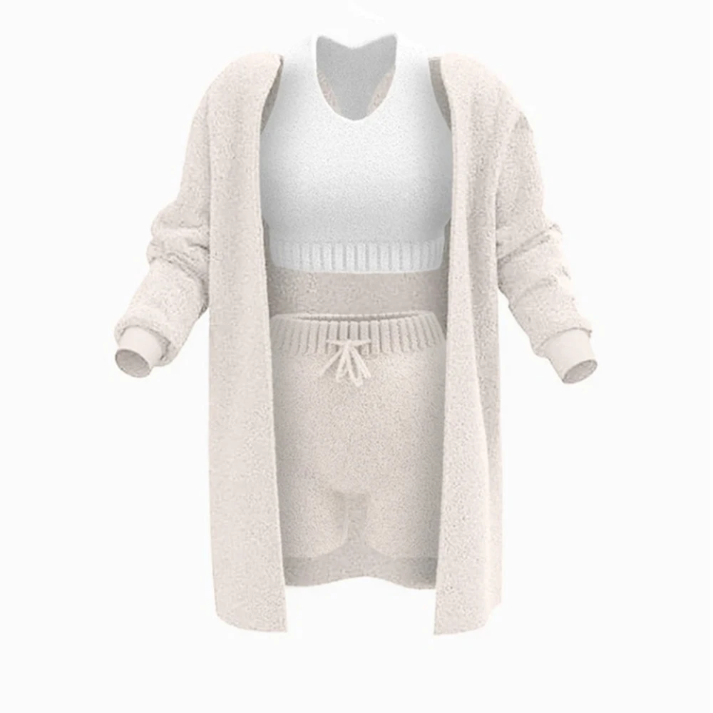 Women'S Sexy Warm Plush 3 Piece Outfits Pajamas Sleeping Pants Gown Knit 3-Piece Set Soft Casual Loungewear Nightwear New 2024