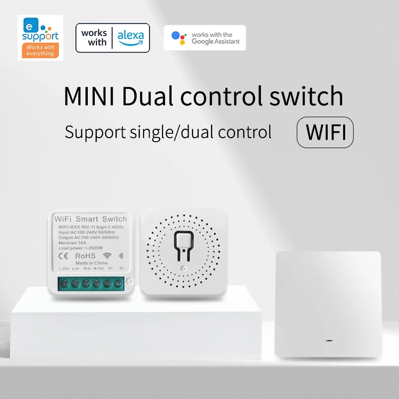 16a Mini-WLAN-Smart-Switch-Unterstützung 2-Wege-Steuerleuchte Smart Switches Smart-Home-Modul funktioniert mit Alexa Home