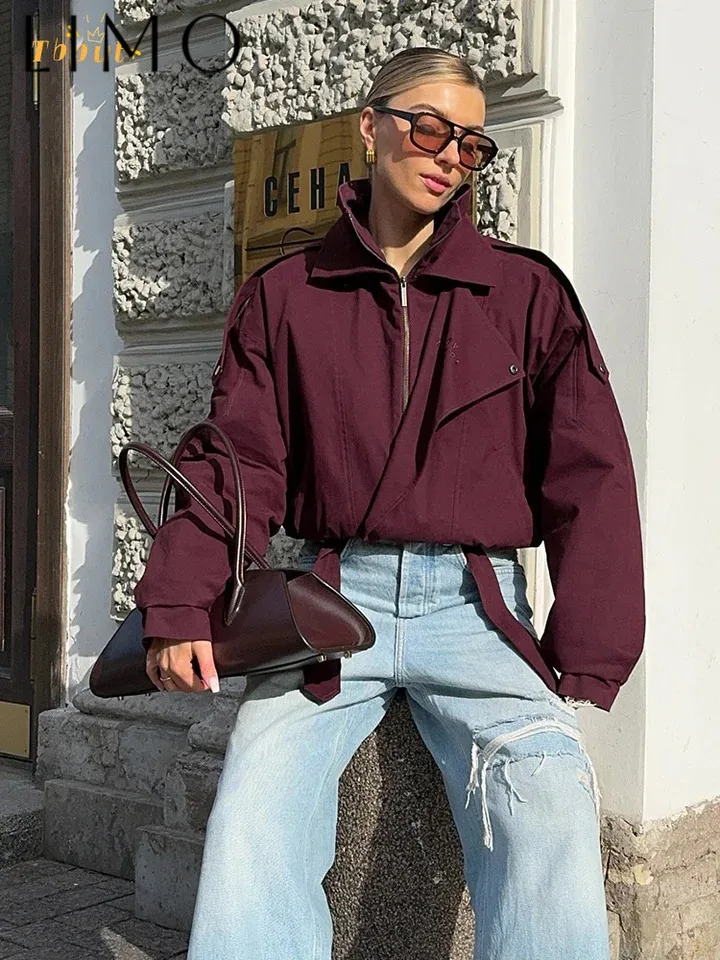 

2025 Fashion Burgundy Zipper Bomber Jacket for Women, Loose Stand Collar Button Long Sleeve Pocket Short Coat, Lady Street