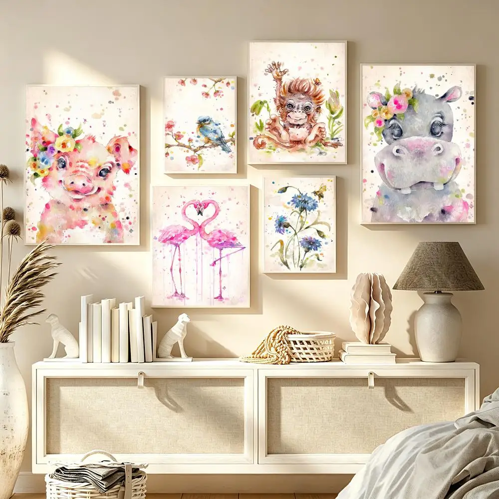 Cute Watercolor Animals Painting Calligraphy Modern Canvas Poster Wall Art Aesthetic Living Room Bedroom Cafe Home Decor