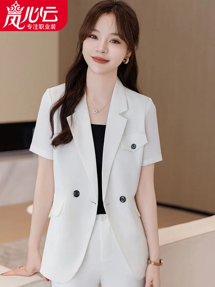 2024Summer Suit Women's Korean-Style Loose Slimming Short Sleeve Suit Coat Double-Breasted Manager Management Work Clothes Women