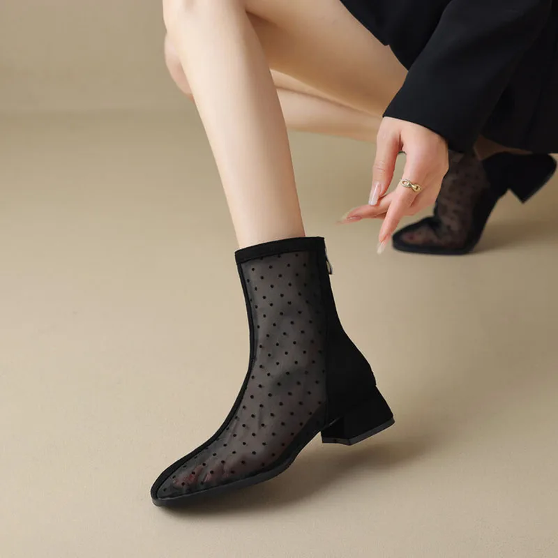 Phoentin Polka Dot Mesh Boots Summer 2024 Sexy Low Heeled Shoes Female Back Zip Closure Square Toe Footwear Plus Size FT3384