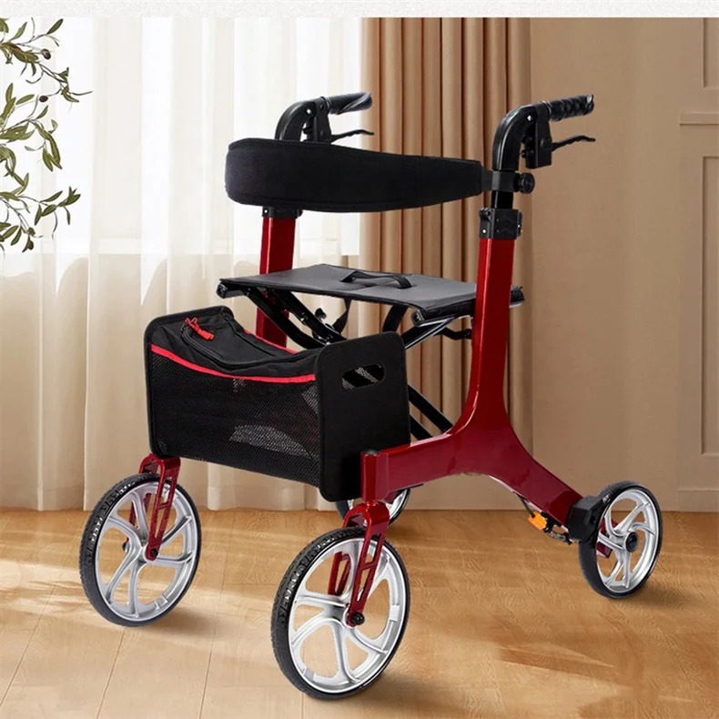 

Adjustable Handle Aluminum 4-Wheel Rollator Walker Red Push Seat Wheelchair For Physical Therapy Equipment Folding