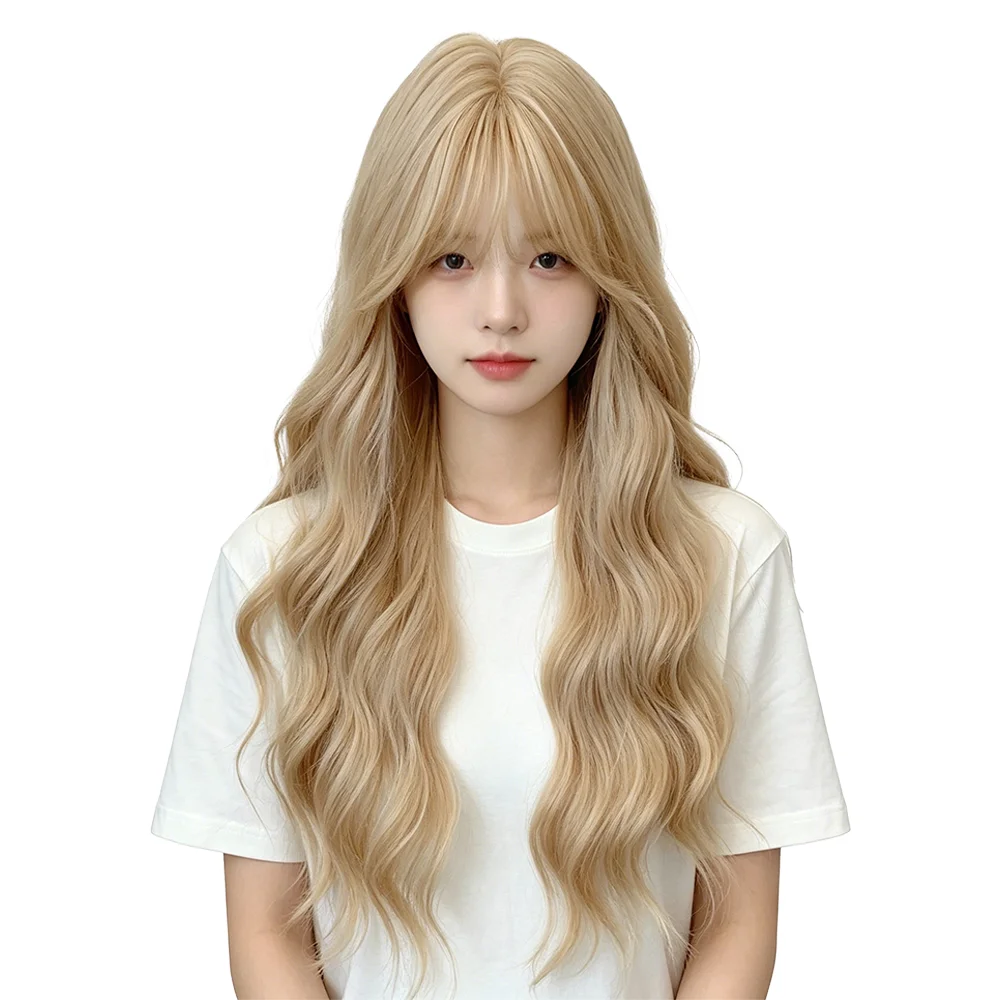 Beige Honey Blonde Long Wavy Wig With Bangs Natural Layered Loose Wave Heat Resistant Synthetic Hair For Women Daily Party Wear