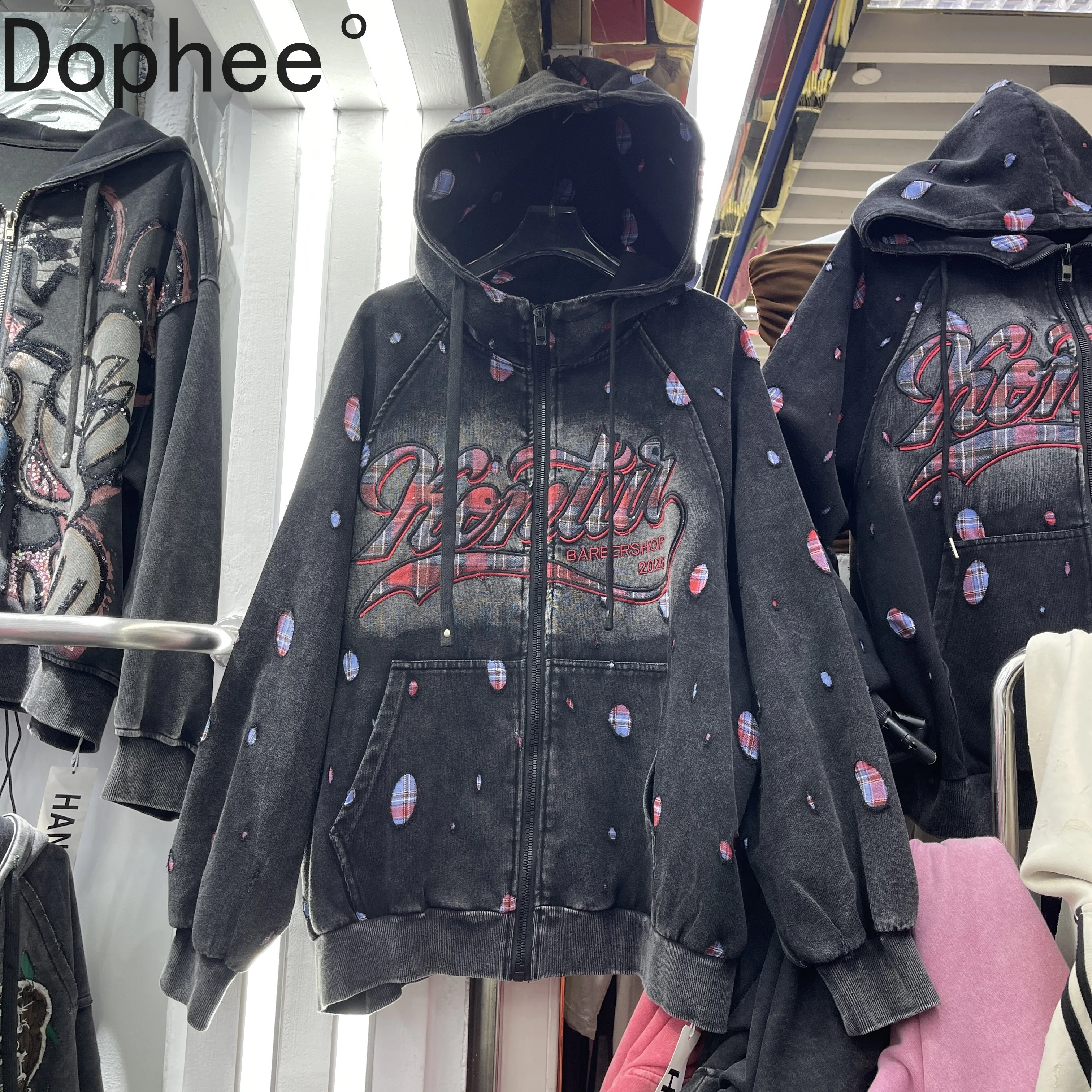 

2025 New Autumn Loose Hooded Jacket Women Embroidery Letters Hole Zip Cardigans Coat Mid-long Oversize Sweatshirt Hoodie Top