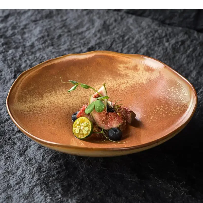 Kiln Changes Retro Ceramic High Legged Plate Seafood Sashimi Sushi Dessert Plates Restaurant Tableware