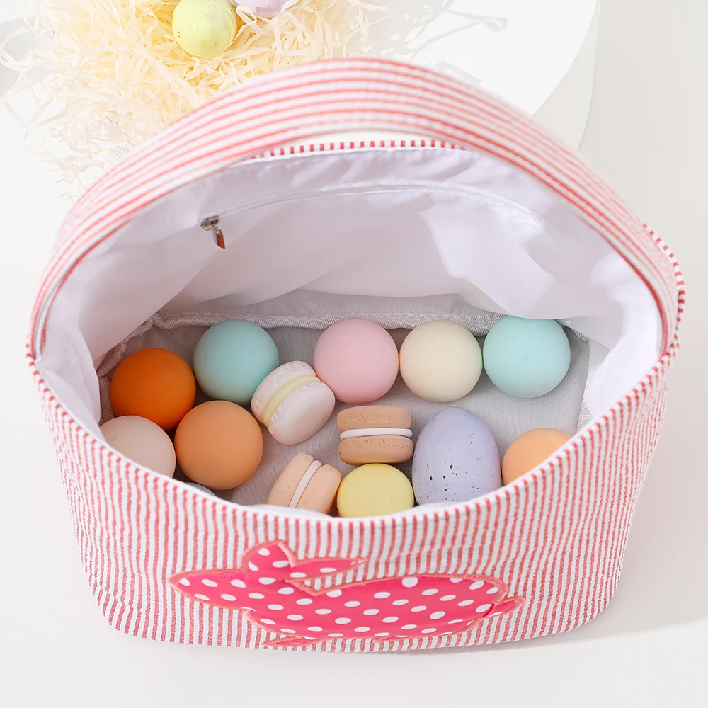 Seersucker Easter Bucket Printed Dot Rabbit Plaid Bunny Basket Canvas Kids Eggs Hunt Carrying Gift Bag Toys Party Handbag