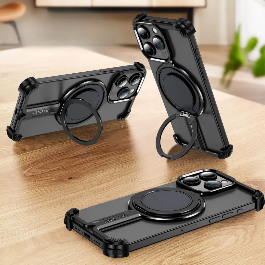 

Titanium Alloy Case for iPhone 16 15 14 13 12 Pro Max Plus 360 Rotate Magnetic Stand Holder Cover for 16 Anti-knock Shell