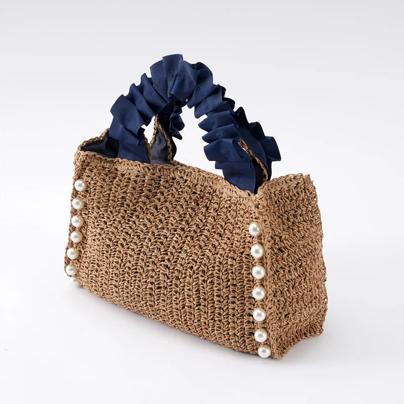 Torebki ze słomy z perłami dla kobiet Bohemian Ruched Handle Handbags Summer Woven Tote Bag Handmade Travel Beach Bag Small Shopper 2024
