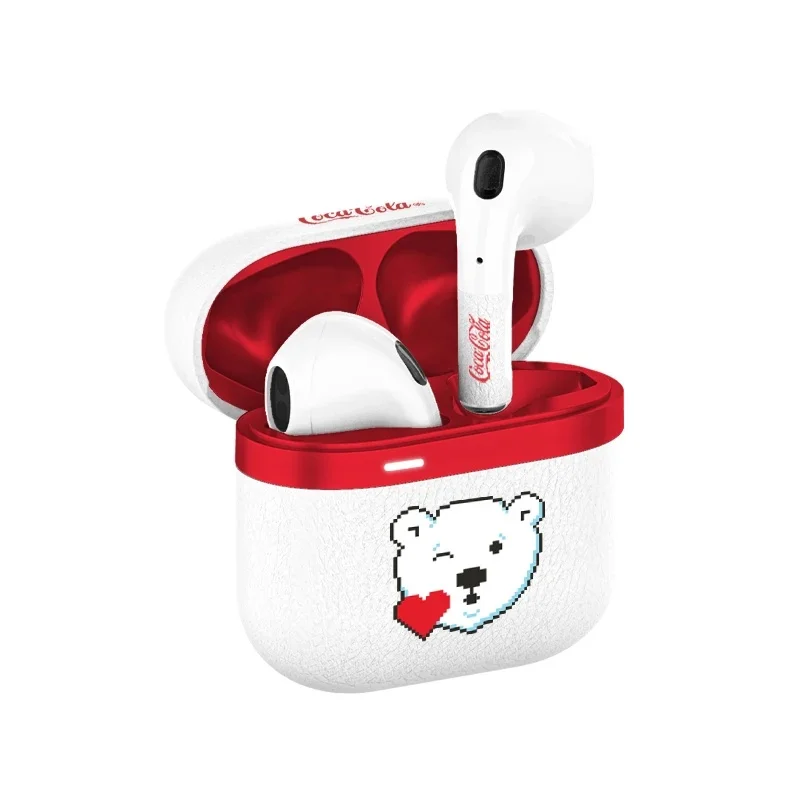 Coca-Cola Licensed T25 Wireless Earbuds, Cute Polar Bear Pixel Pattern, Retro Leather Texture Charging Case, Trendy Gift for Men