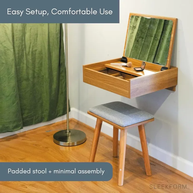 Modern Wall Mounted Vanity Desk with Mirror and Stool Foldable Floating Makeup Table with Flip-Up Design