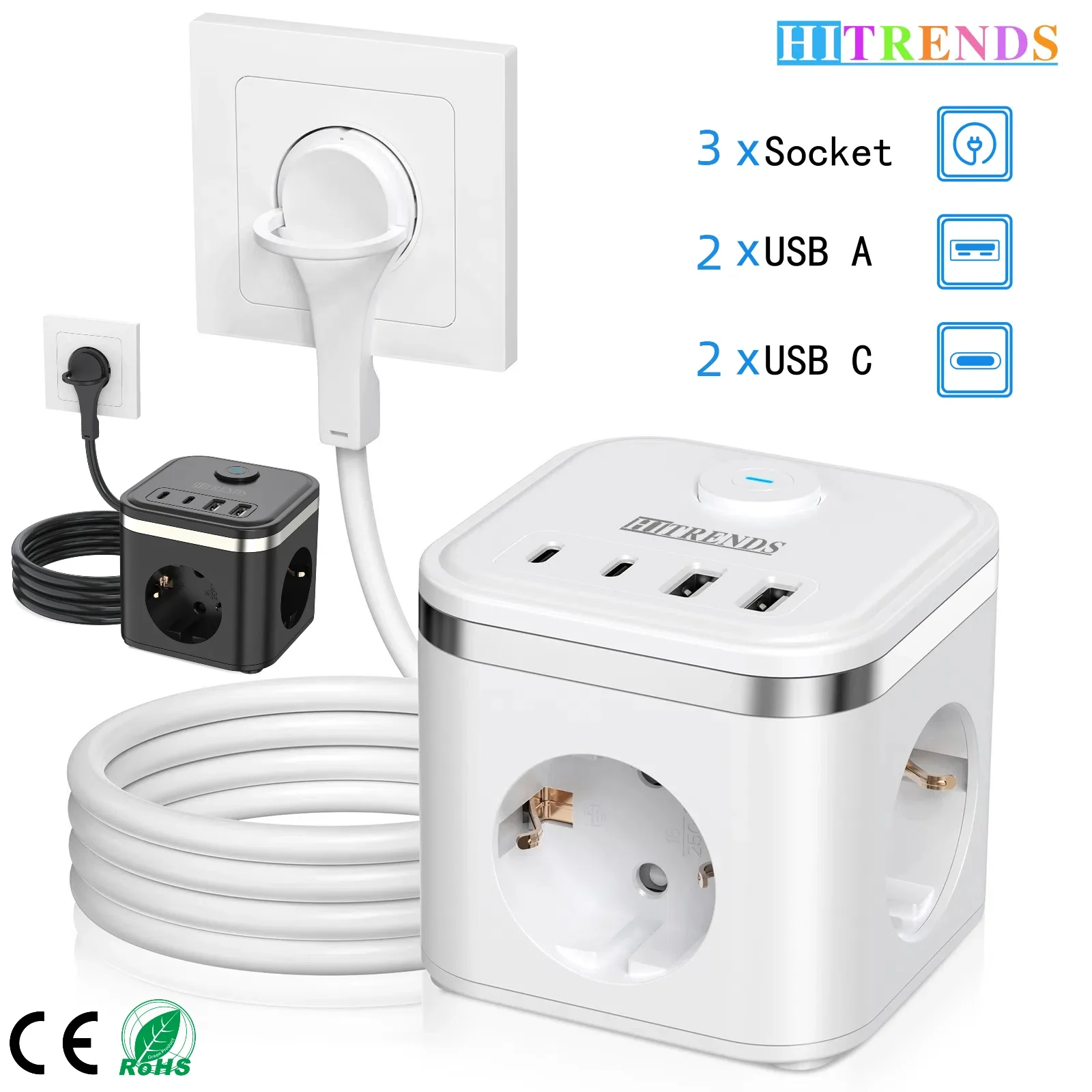 7-in-1 Multi-Functional Desktop Charging Socket, 3AC+4USB Fast Charger, Ultra-Thin Flat Plug, 2M Extension Cord