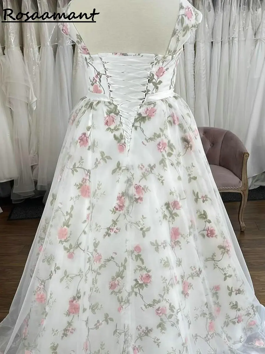 Plus Size Off The Shoulder A-Line Wedding Dresses Floral Printing Corset Customized Country Bridal Gowns