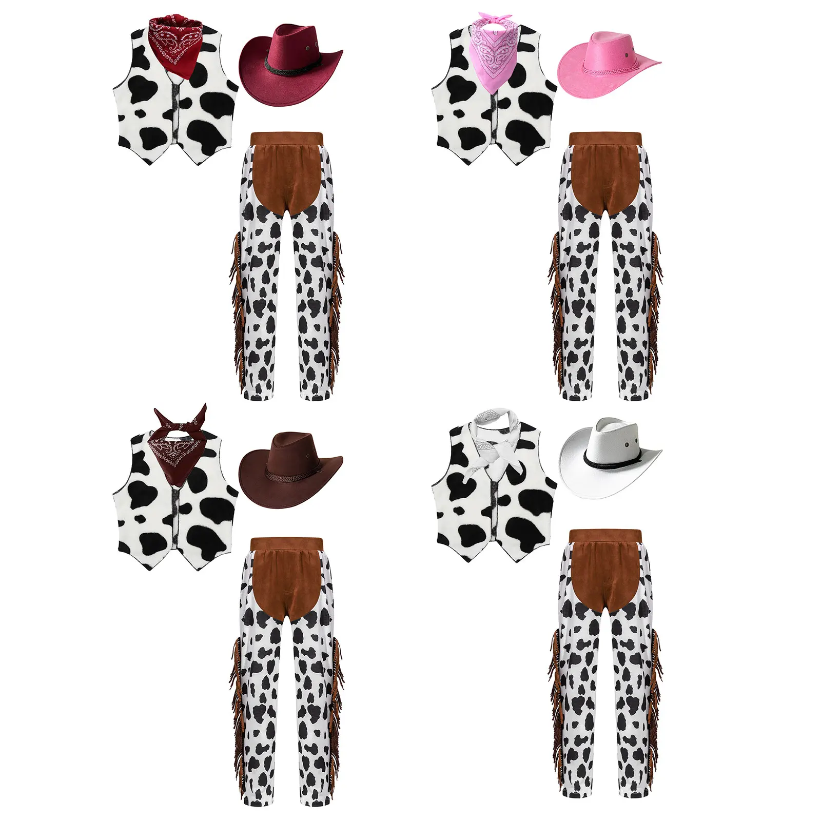 Cowboy Cowgirl Halloween Cosplay Costume Cow Printed Vest with Fringed Pants Bandanna and Western Hat for Dress Up Party Outfit