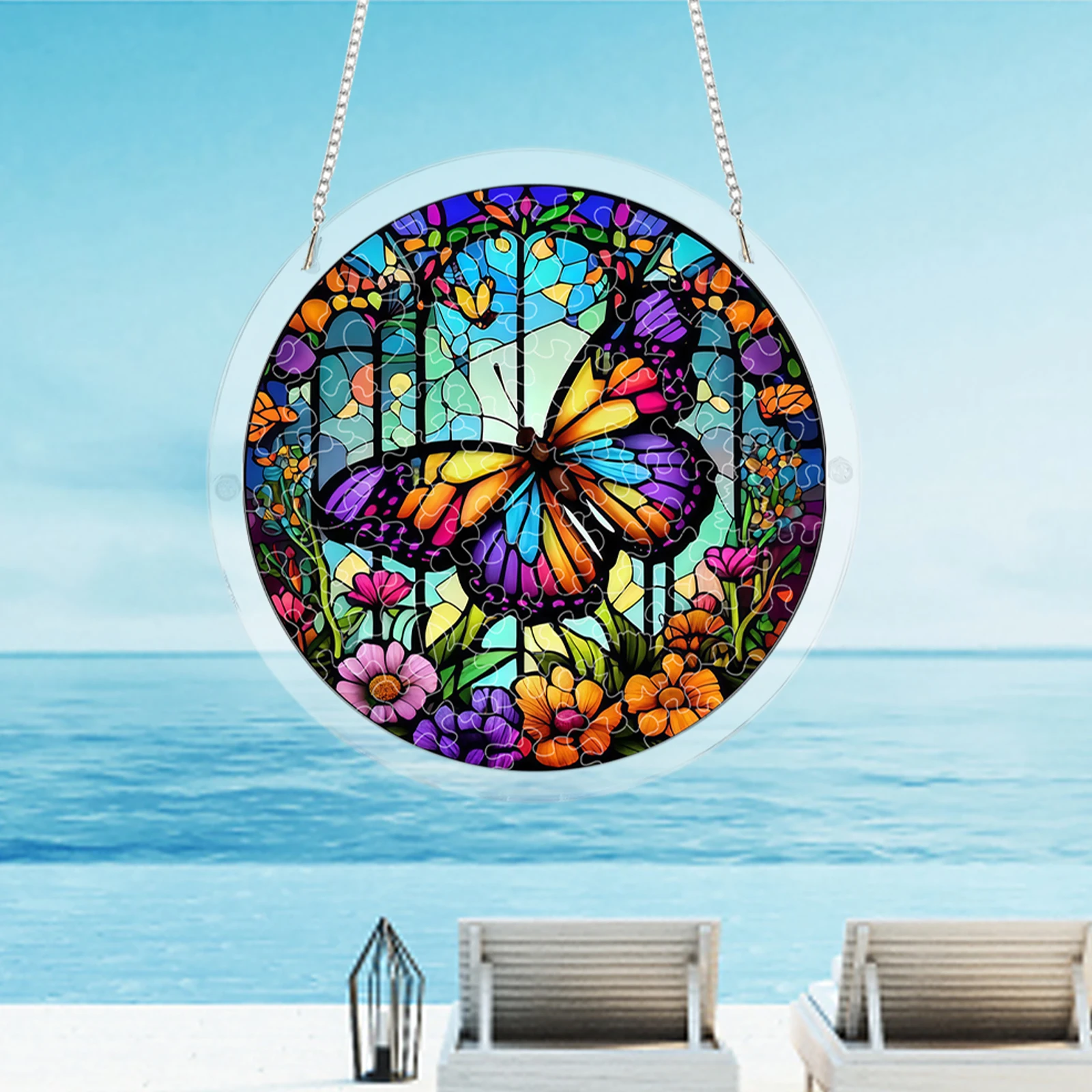 Acrylic Puzzle Window Hanging with Hanging Chain Round Window Puzzle Decor Non-Fading Stylish Windows Ornament for Room Wall Art