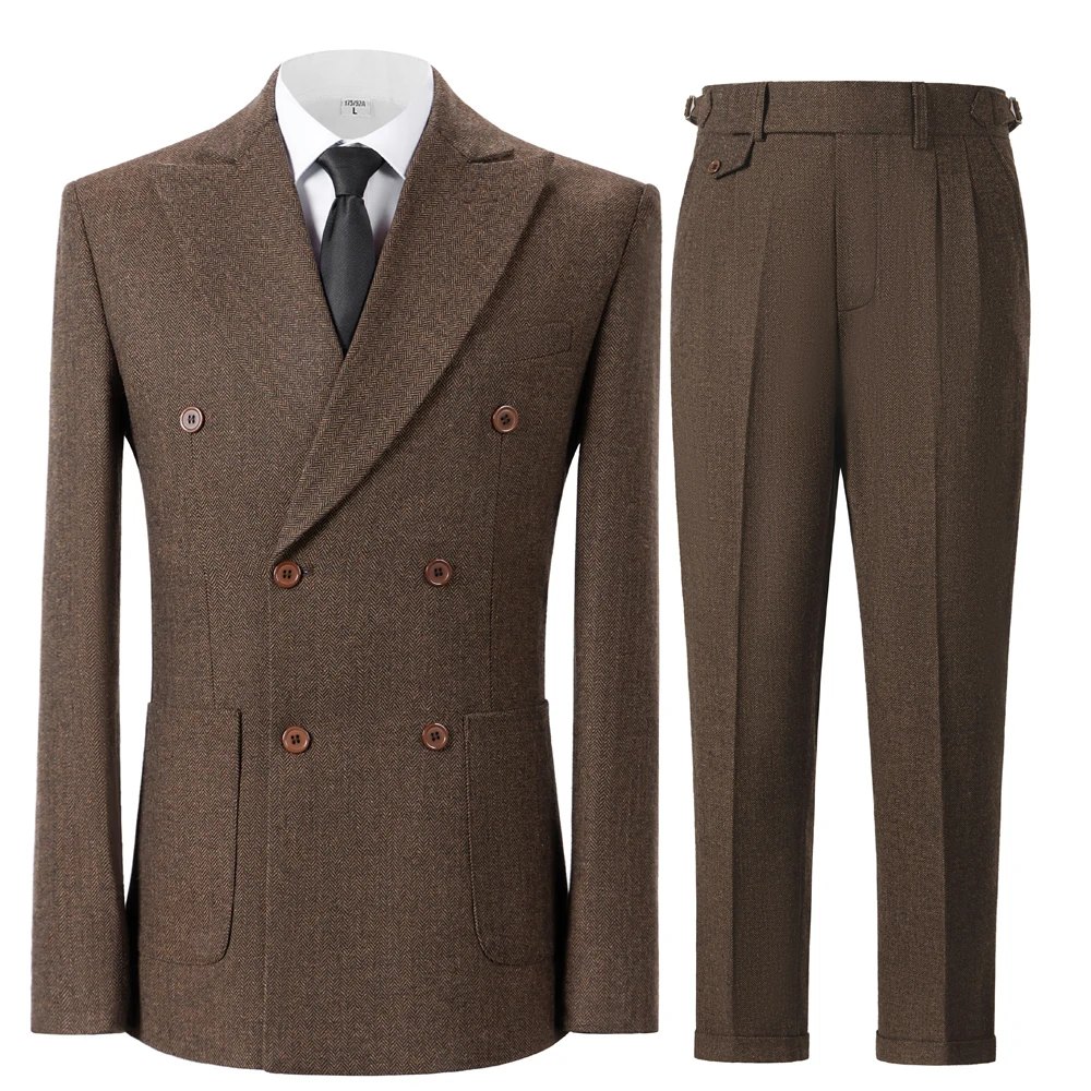 

Men Suits Slim Fit Jacket Pants Hombre Casual Brown Herringbone Autumn Fashion Hombre 2025 Lattice British Korean Masculino