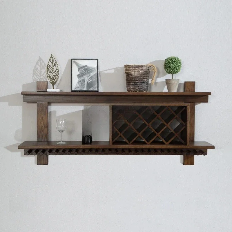 A  Solid Wood Wall Hanging Wine Compartment Ash Wood European Creative Hanging Foreign Wine Cup Holder Restaurant