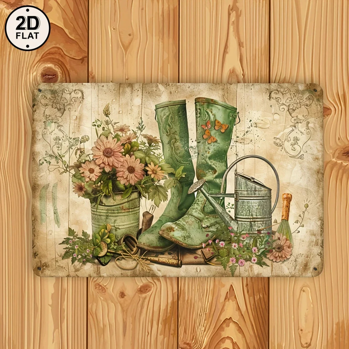 2D Flat, 1pc Rustic Iron Metal Tin Sign - Vintage Green Rainboots & Gardening Tools Wall Art with Floral Accents, 30.48x20.32