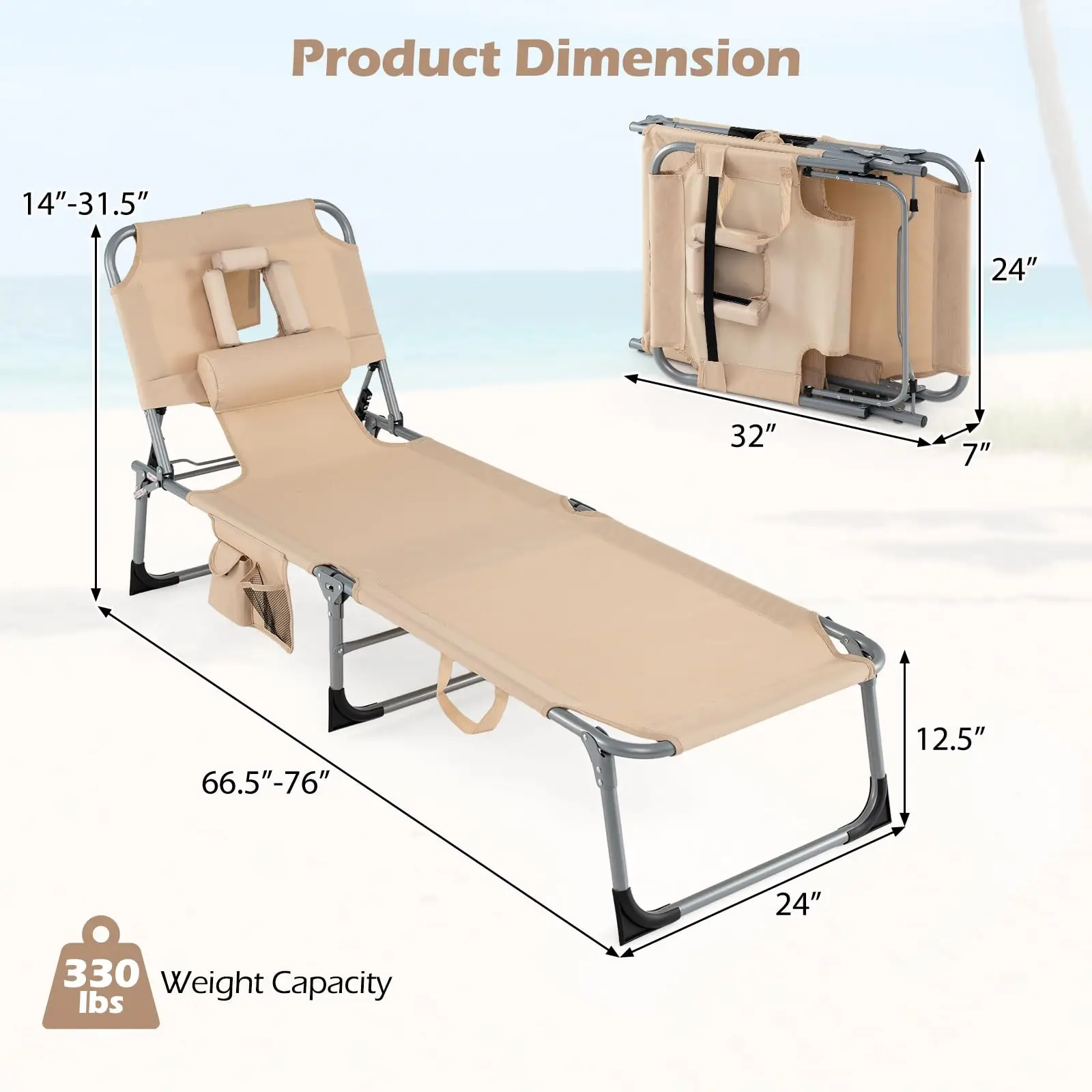 Tanning Chair,Folding Adjustable Patio Lounge Chair w/Face Hole,Removable Pillow, Beige
