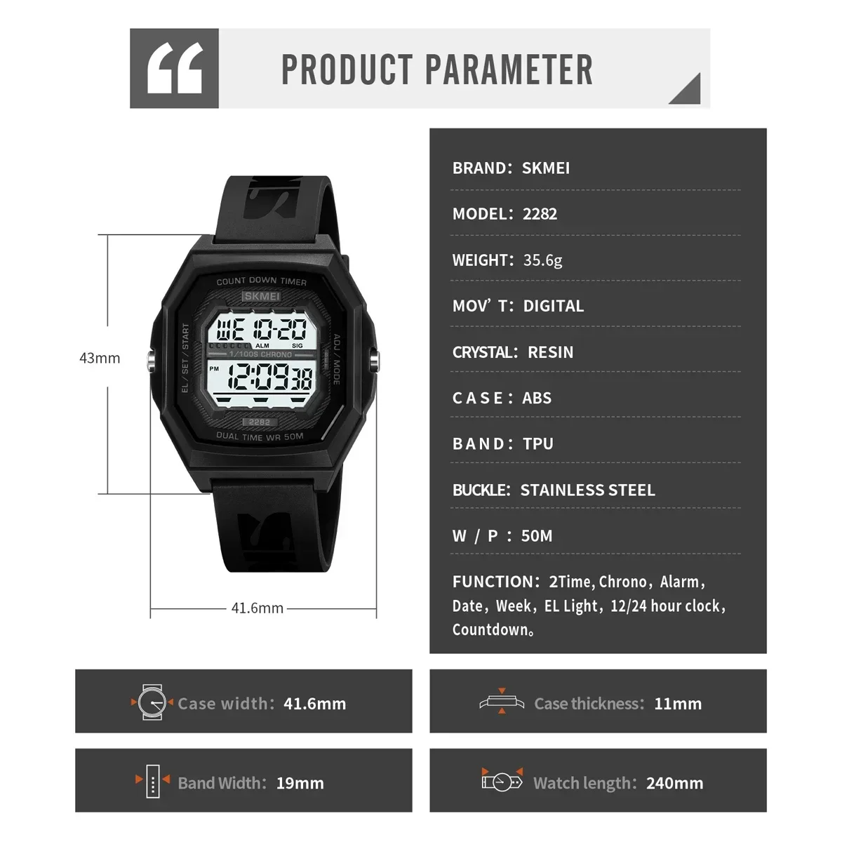 SKMEI 2282 Watches For Men Women 5Bar Waterproof Stopwatch Countdown Wristwatches Reloj Hombre Fashion Digital Sport Electronic