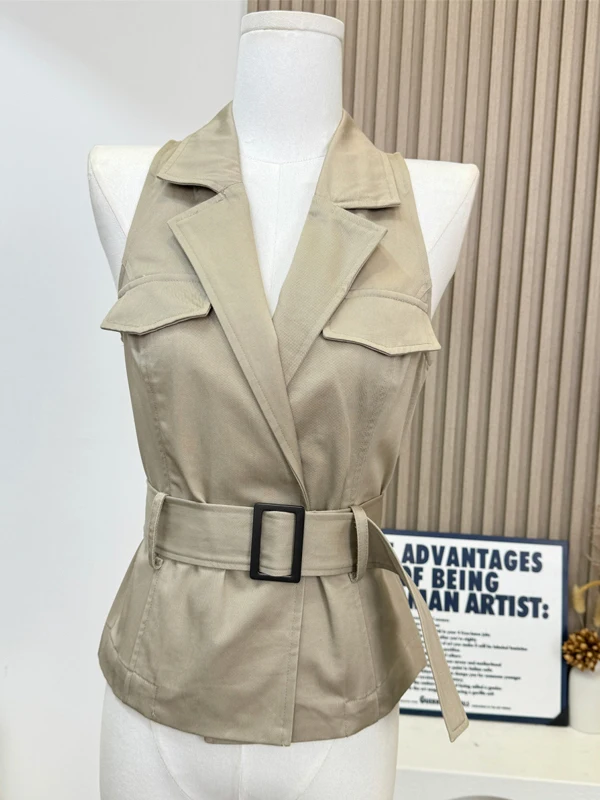 

Модный укороченный топ-жилет Slim Fit с воротником и поясом, женский, лето 2025, в стиле ретро, дизайн «Spicy Girl», 100% полиэстер