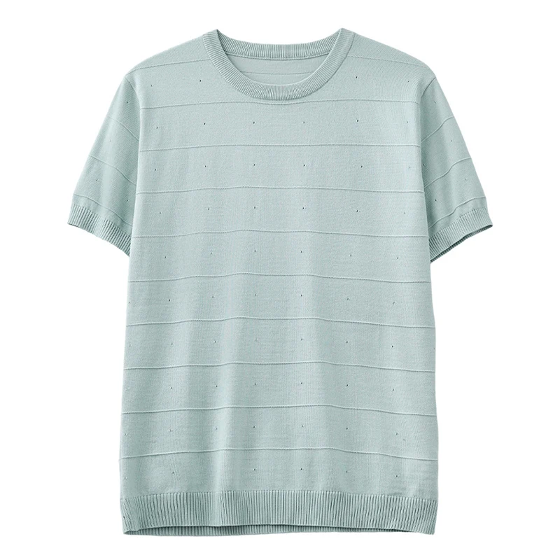 Summer Stretch Hollow-Out Knit Top for Men Solid Color Versatile Casual T-Shirts