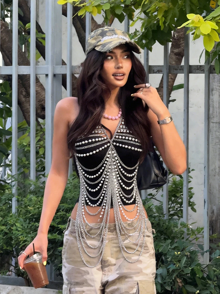 Sexy Women Silver Pearl Chain Body Harness Layered Metal Beaded Body Chain Vest For Party Club Rave Festival Streetwear