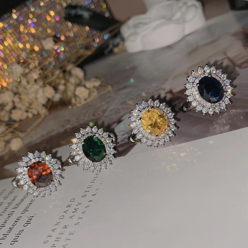 

MDLFES Moiss1n Diamond Style Malachite Emerald Ring 18K Plated Multi-Cut Egg Yolk Zircon Wind Sunflower Loose Ring