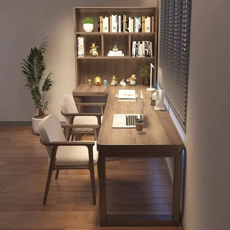 L-shaped computer desk office corner workbench corner desk solid wood bookcase integrated double children's study table