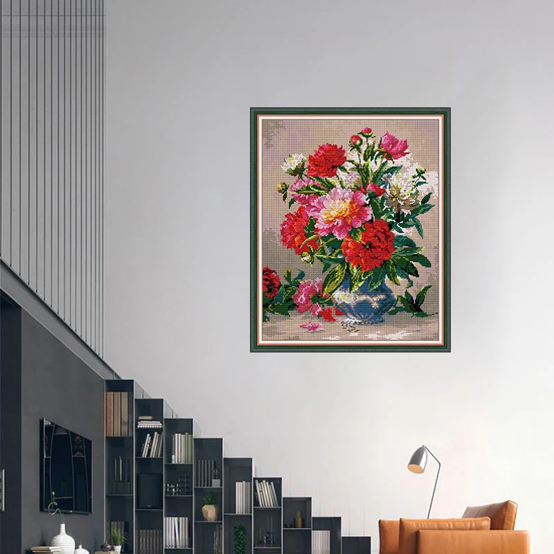 Joy Sunday Cross Stitch Kit Thread Peonies Flower 16ct 14ct Printed 11ct Canvas Stitches Embroidery Diy Handmade Needlework