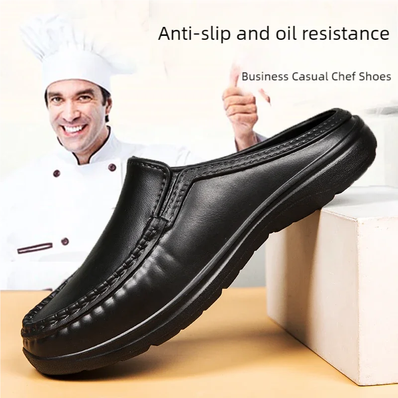 Chef shoes summer plus size baotou half slippers non slip oil resistant business casual men\'s chef shoes breathable leather shoe