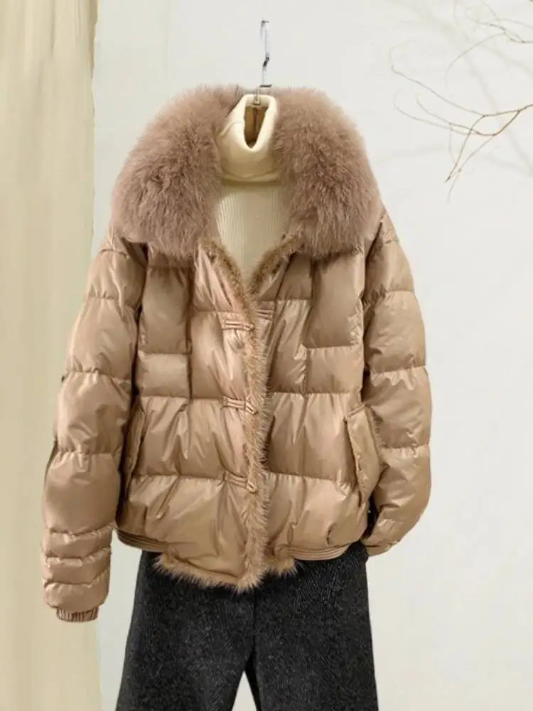 Women Short Down Jacket Autumn Winter Retro Button Mink Fur Placket White Down Coat Female Thickening Warm Fur Collar Parkas