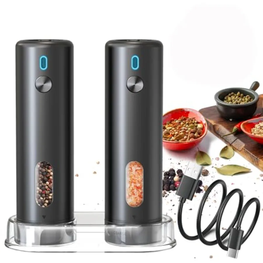 

Electric Salt and Pepper Grinder Set Adjustable Coarseness USB Rechargeable Black/Black Kitchen Spice Mill with LED Light 2 Pac