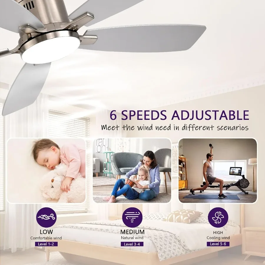 مراوح سقف 52 بوصة مع أضواء مروحة سقف مثبتة على السطح مع ضوء وجهاز تحكم عن بعد في التطبيق محرك تيار مستمر قابل للتعتيم LED بدون ضوضاء منخفضة