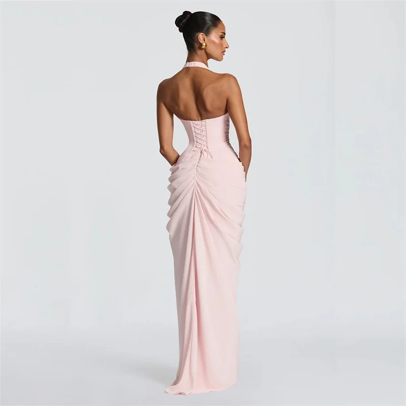 Elegant Halter Party Gown Sexy Deep V Draped Side Slit Prom Dress Lace‑Up Corset Back Bridesmaid Formal Wedding Evening Robe