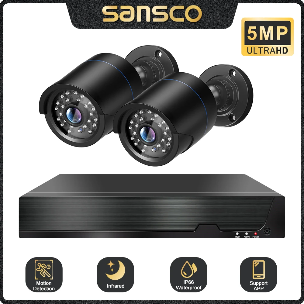 SANSCO-AHD Kit Câmera, Gravador De Vídeo, Sistema De Vigilância, Segurança Exterior, 4CH, 5MP Sistema De CCTV, E-mail De Alarme, 5 em 1