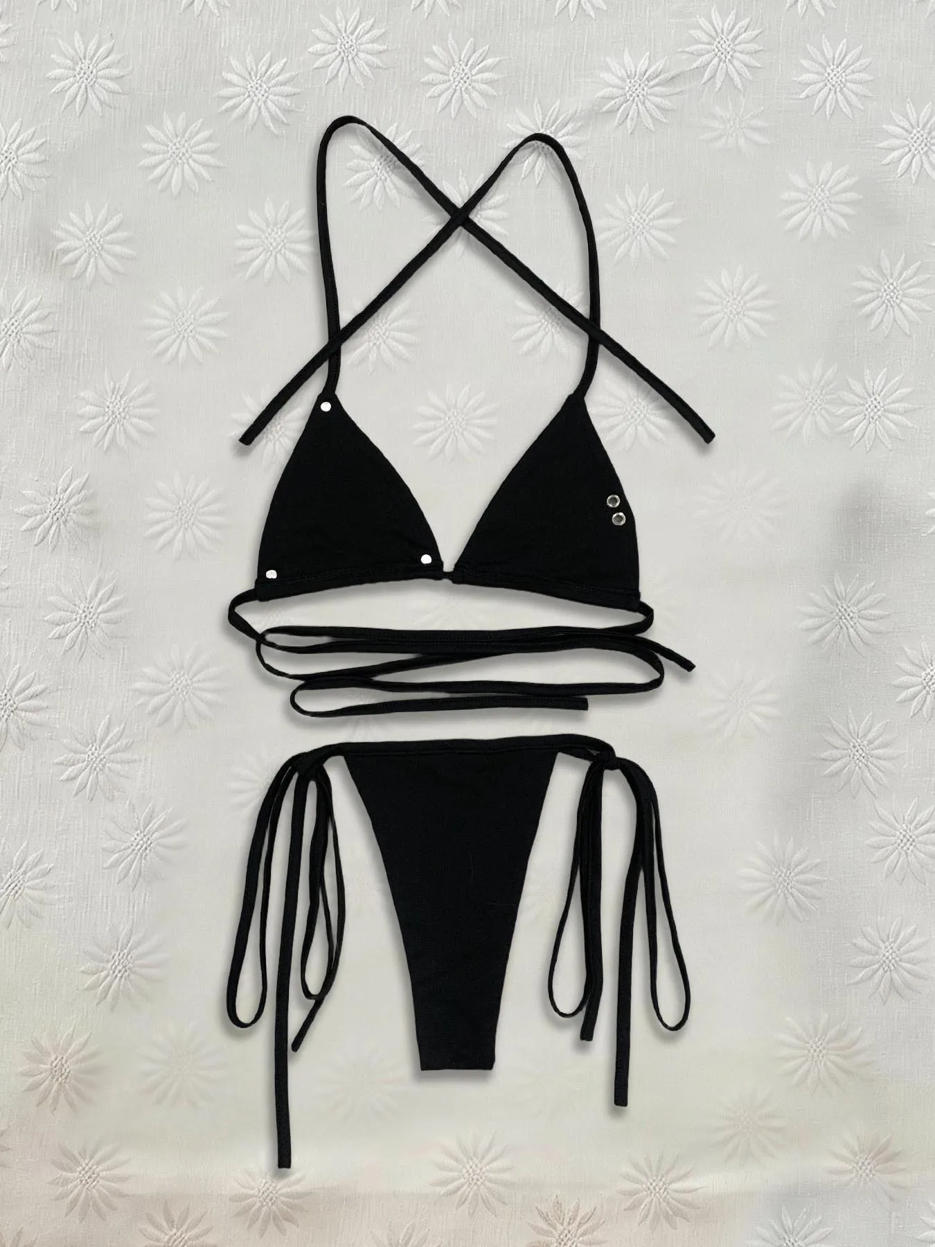 Picture 3: Dark Punk Rivet Cross Bikini Set Women Cross Wrap Halter Triangle Cup Side Tie Two Piece Swimsuit